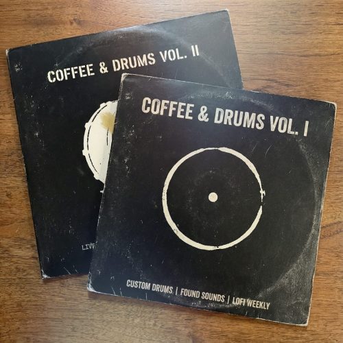 Two vinyl-style covers for Coffee & Drums Vol. 1 and Vol. 2 lo-fi drum sample pack bundle