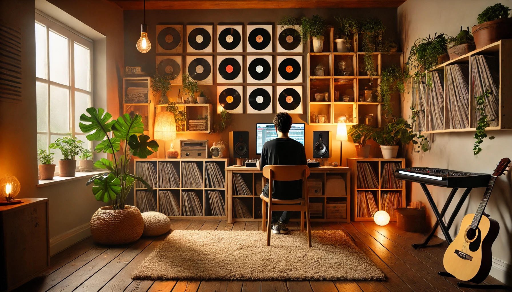 A cozy home studio setup with a producer working on an MPC One, surrounded by vinyl records, plants, and ambient lighting, capturing the essence of creating chill lofi beats.