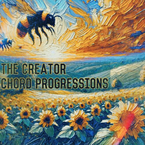 Sunflowers and bees under vibrant sunset sky painting