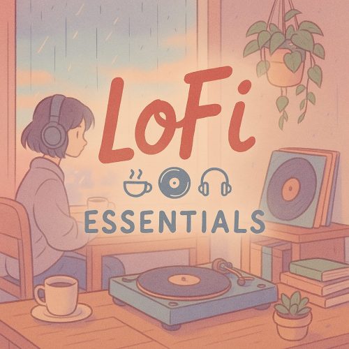 LoFi essentials artwork with headphones and records.