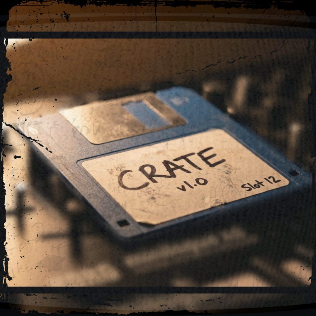 Vintage floppy disk labeled 'CRATE v1.0'