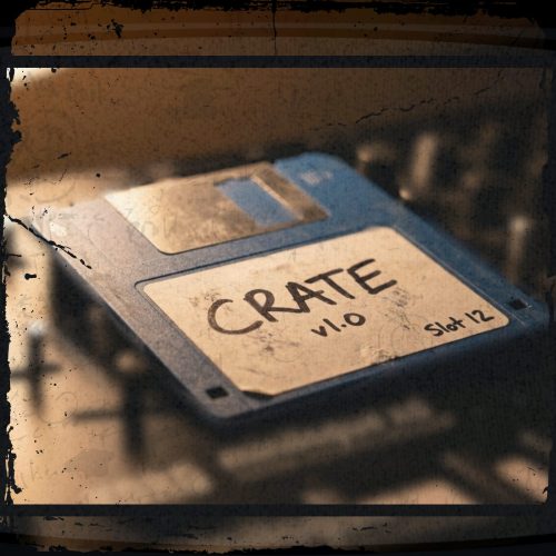 Vintage floppy disk labeled 'CRATE v1.0'