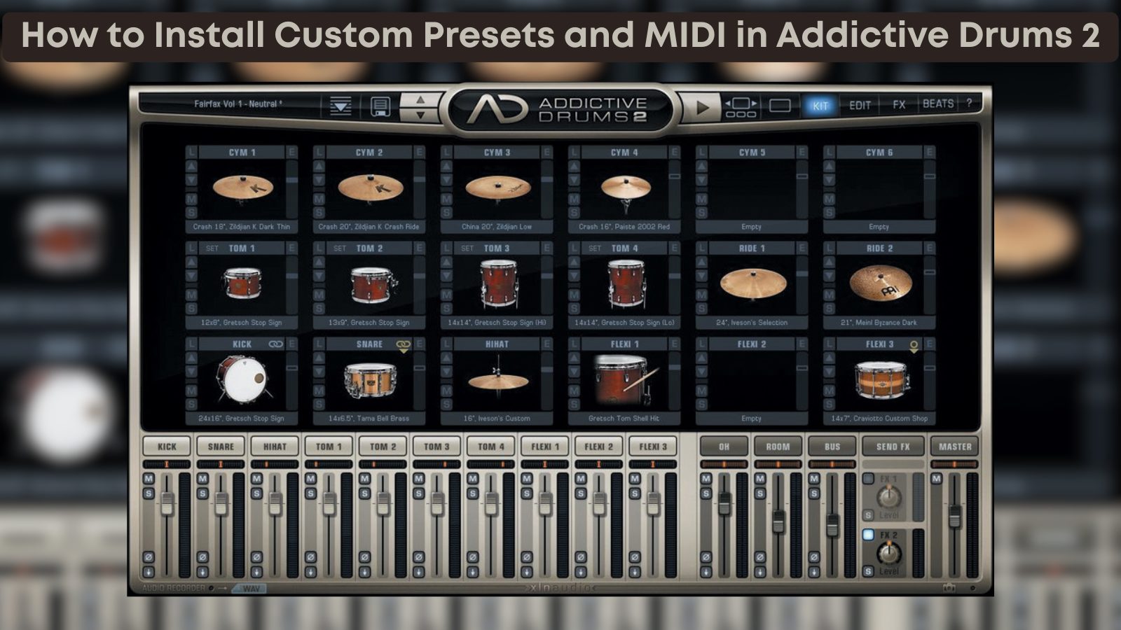 Addictive Drums 2 interface with custom presets guide.