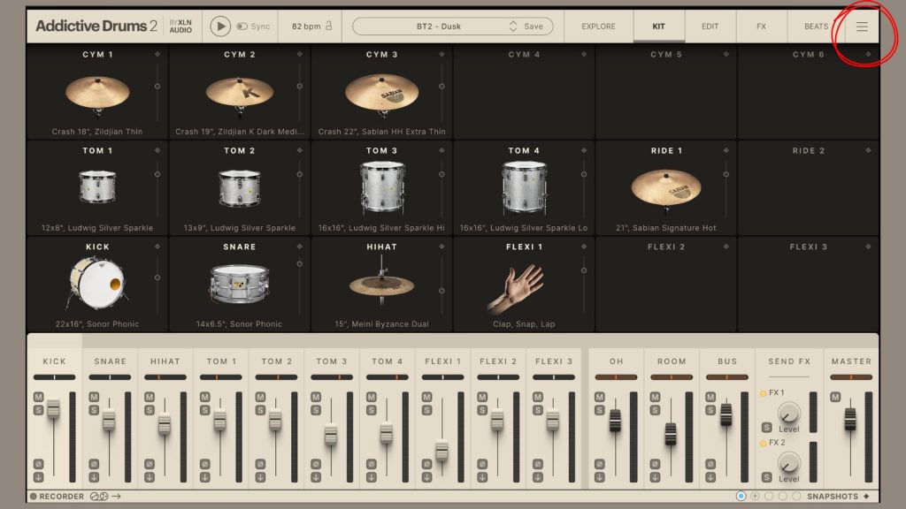 Addictive Drums 2 interface with customizable drum kit.